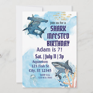 Shark Infested Birthday, realistic watercolor Invitation
