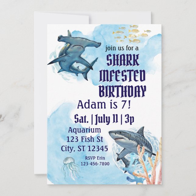 Shark Infested Birthday, realistic watercolor Invitation (Front)