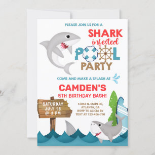 Shark infested pool party bash, boy birthday. invitation