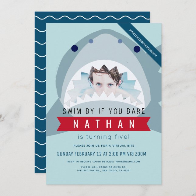 Shark Light Blue Pool Boy Photo Birthday Invitation (Front/Back)
