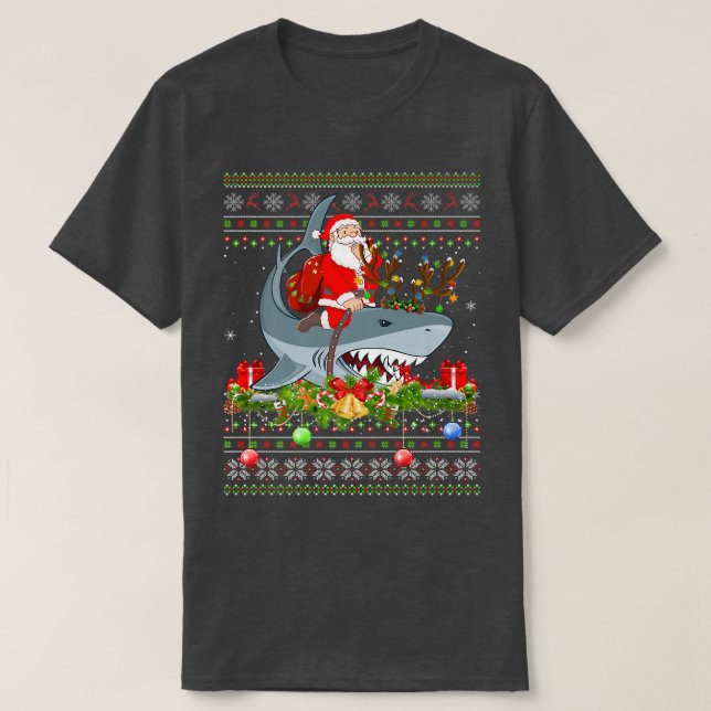 Shark Lover Ugly Santa Riding Shark Christmas T-Shirt (Design Front)