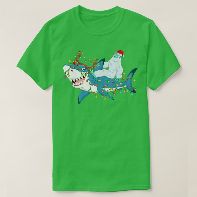 Shark Lover Xmas Lights Santa Yeti Ride Shark Chri T-Shirt (Design Front)