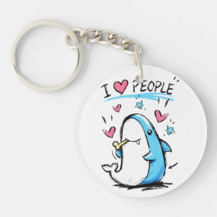 Shark Loves People Funny Doodle Cartoon Key Ring