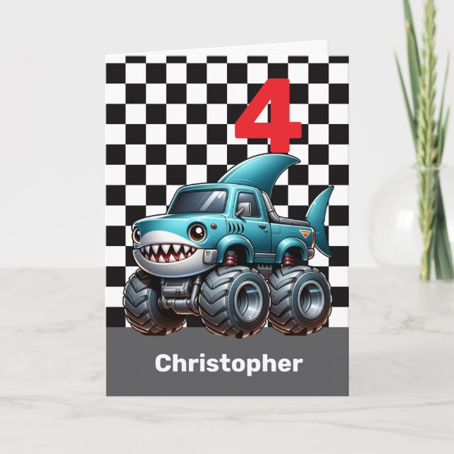 Shark Monster Truck 4th Birthday Card (Front)