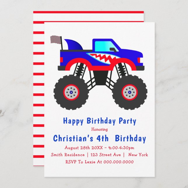 Shark Monster Truck 4th Birthday Invitations (Front/Back)