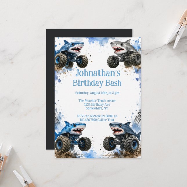 Shark Monster Truck Birthday Bash Invitation (Front/Back In Situ)