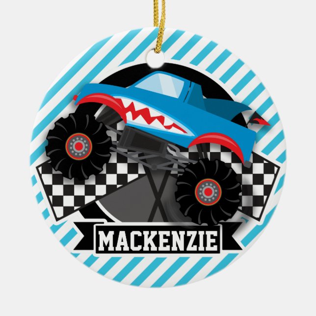 Shark Monster Truck; Chequered Flag; Blue Stripes Ceramic Tree Decoration (Front)