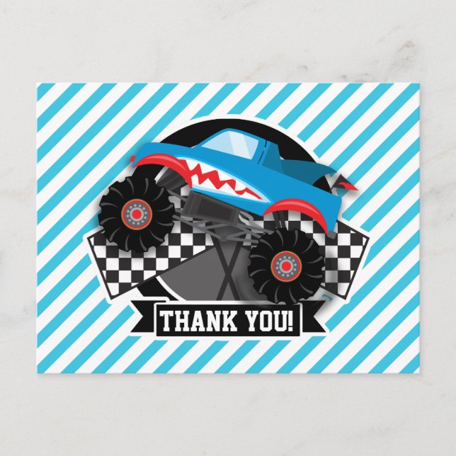 Shark Monster Truck; Chequered Flag; Blue Stripes Postcard (Front)
