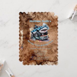 Shark Monster Truck Mud Splatter Boy Birthday Invitation