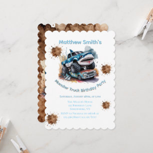 Shark Monster Truck Mud Splatter Boy Birthday  Invitation