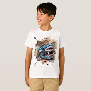 Shark Monster Truck Mud Splatter Boy Birthday  T-Shirt