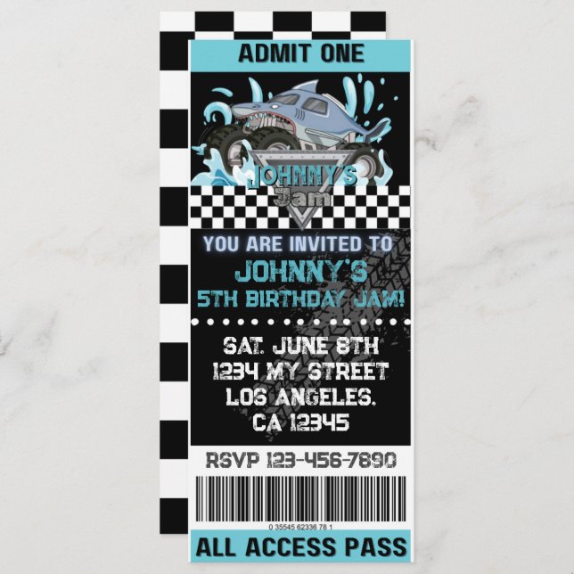 Shark Monster Truck Ticket Birthday Invitation (Front/Back)