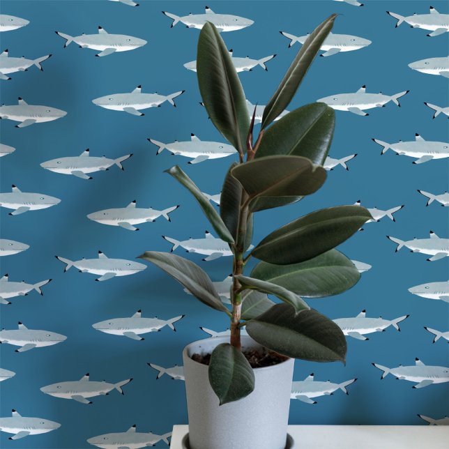 Shark Nautical Teal Green Art Wallpaper (Fun shark underwater themed teal green nautical wallpaper)