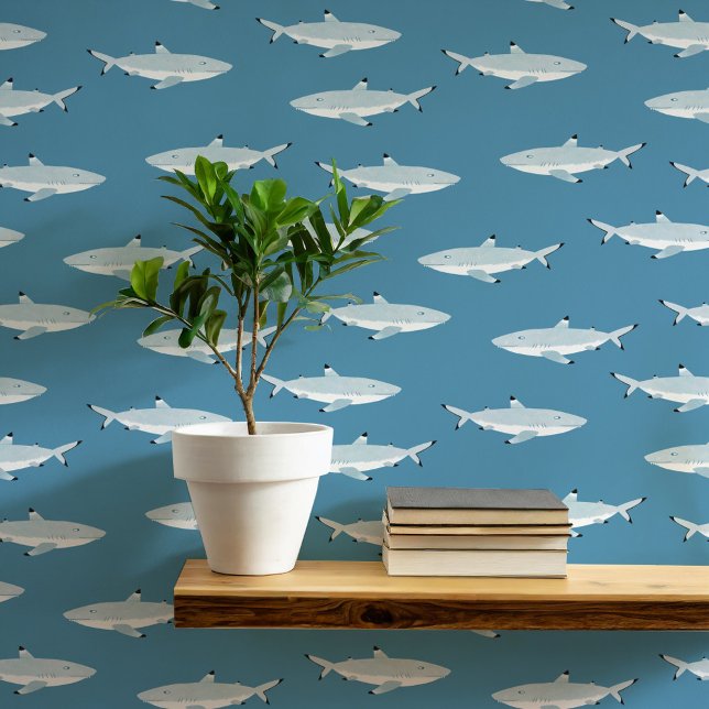 Shark Nautical Teal Green Art Wallpaper (Fun shark underwater themed teal green nautical wallpaper)