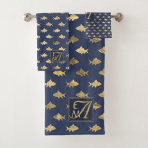 Shark Navy Blue Gold Monogram Home Decor Newlyweds Bath Towel Set