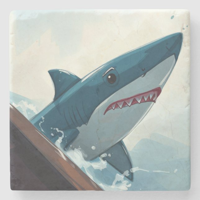 Shark Near Boat Stone Coaster (Front)
