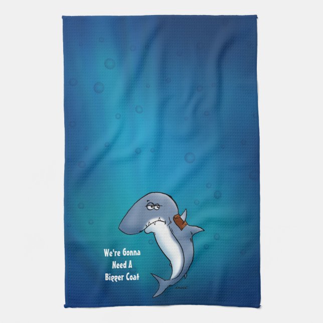 Shark Needs A Bigger Coat Funny Cartoon Tea Towel (Vertical)