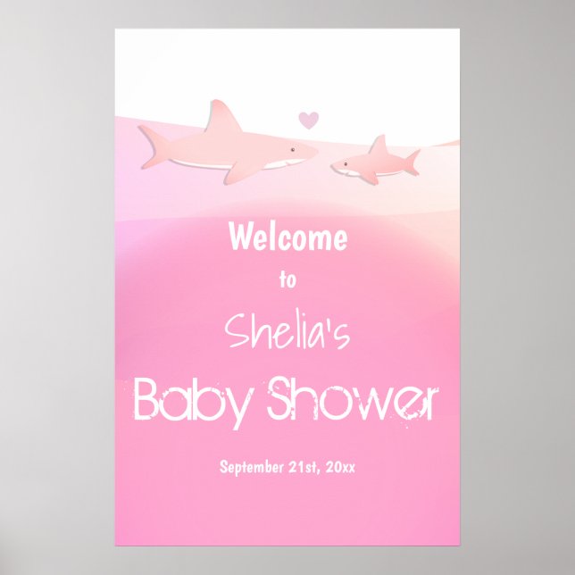 Shark Ocean Pink Baby Shower Welcome Poster (Front)