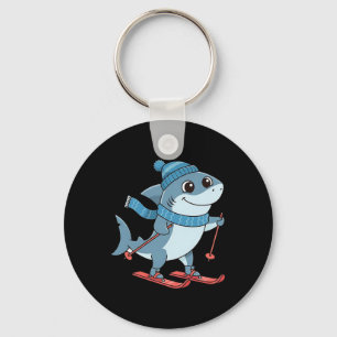 Shark On Skis Cosy Winter Alpine Slopes Cartoon Key Ring