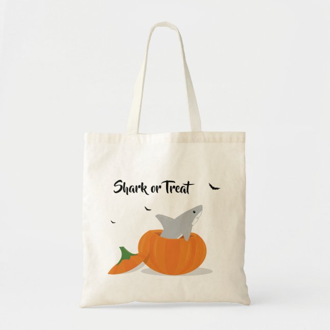 Shark or Treat Cute Cartoon Halloween Pumpkin Bats Tote Bag (Front)