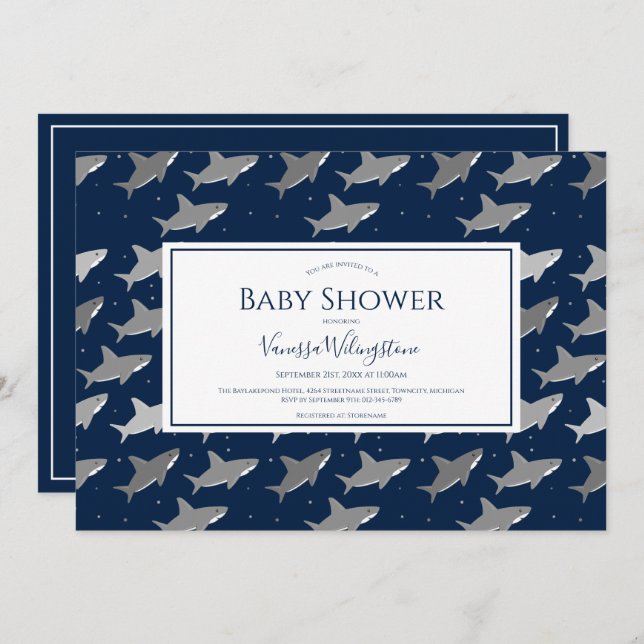 Shark Pattern Dark Blue Grey Baby Shower Invitation (Front/Back)