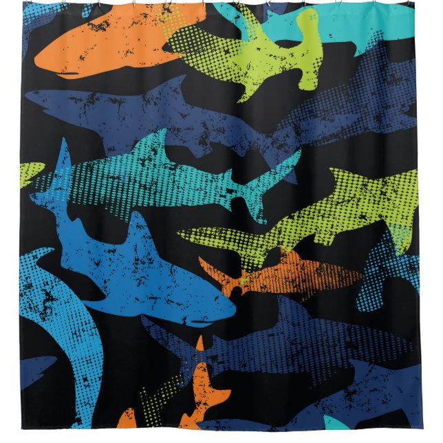 Shark pattern, modern urban shower curtain (Front)