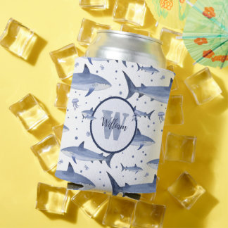 Shark Pattern 🦈 Name + Watercolor Monogram  Can Cooler