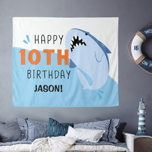 Shark Personalised Kids 10th Birthday Backdrop Tapestry