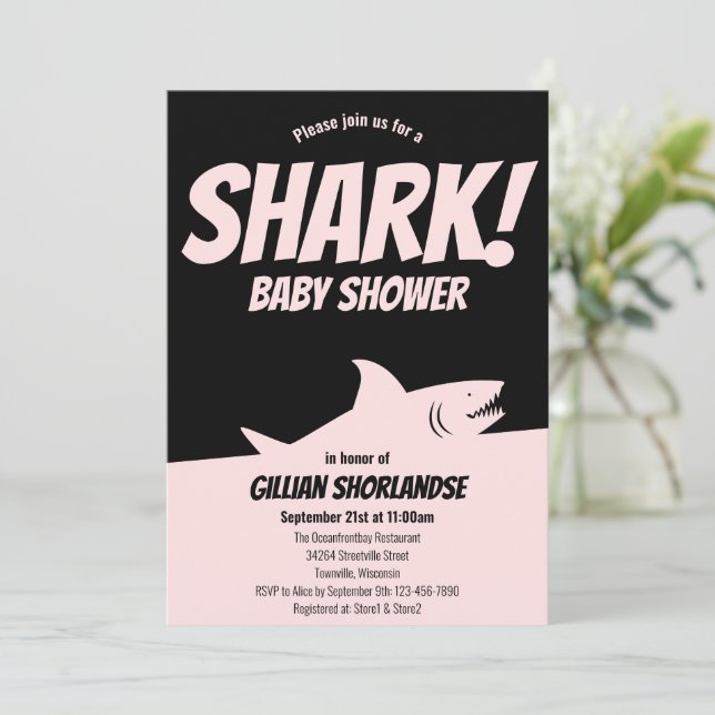 Shark Pink Baby Shower Invitation (Standing Front)