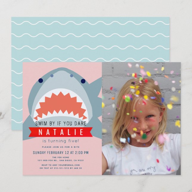 Shark Pink Pool Photo Girl Birthday Invitation (Front/Back)