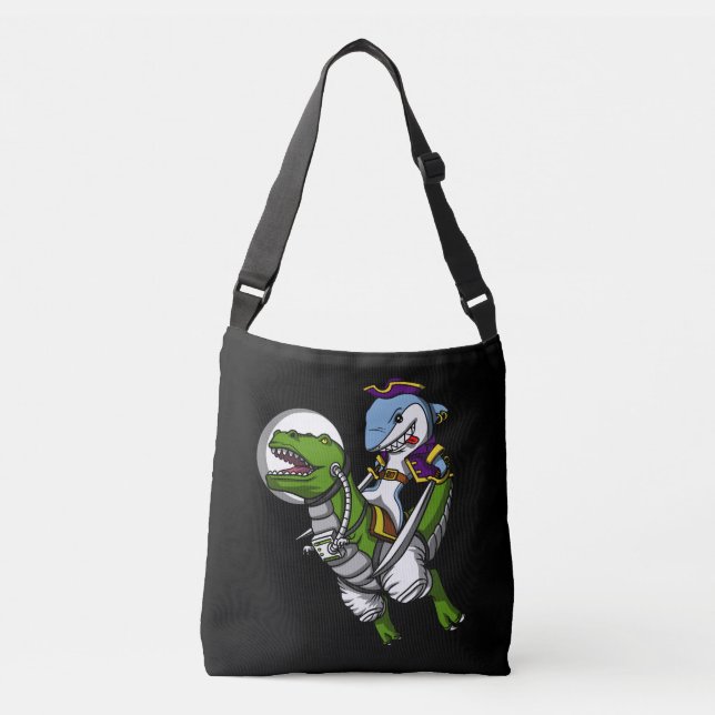 Shark Pirate Astronaut Riding Space T-Rex Dinosaur Crossbody Bag (Front)
