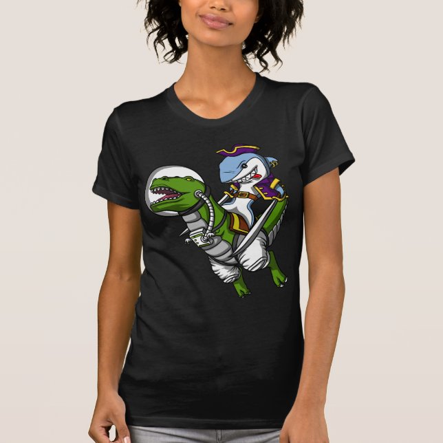 Shark Pirate Astronaut Riding Space T-Rex Dinosaur T-Shirt (Front)