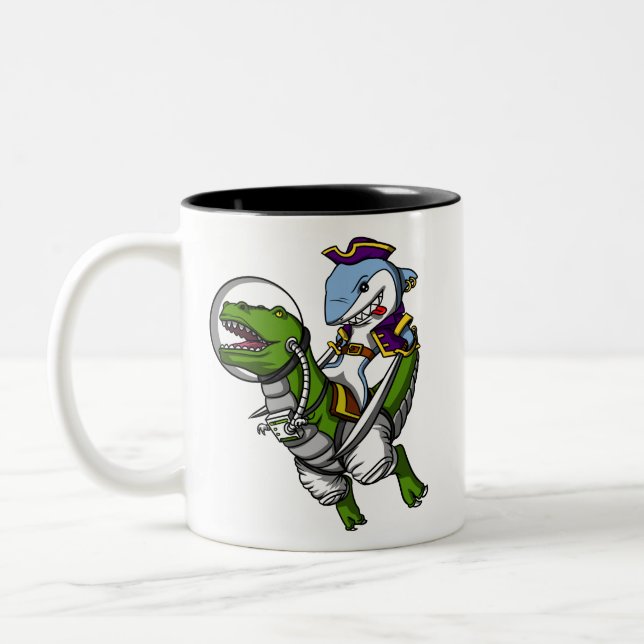 Shark Pirate Astronaut Riding Space T-Rex Dinosaur Two-Tone Coffee Mug (Left)