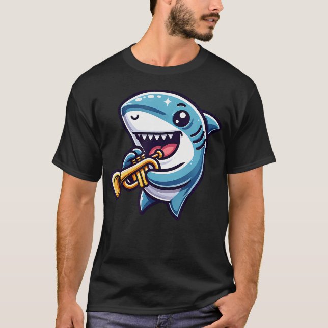 Shark Playing Trumpet Cartoon Music Fun T-Shirt (Front)