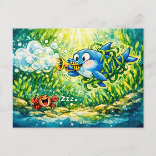 Shark playing trumpet cartoon   postcard