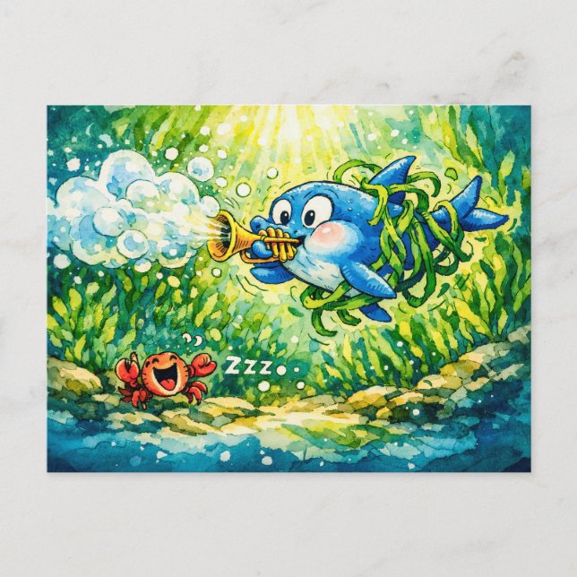 Shark playing trumpet cartoon   postcard (Front)