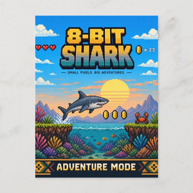 Shark, Retro 8-Bit Pixel Art Postcard (Front)