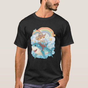 Shark Ride Kitten Lover Rainbow Animal Meme Cowboy T-Shirt