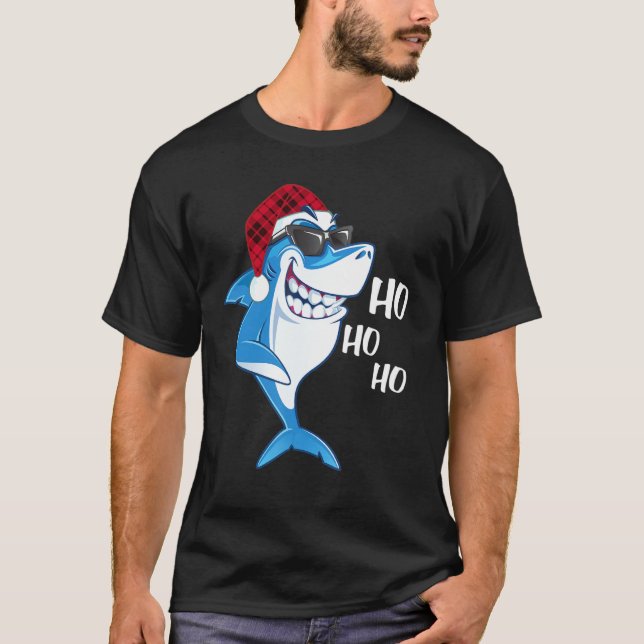 Shark Santa Tee   Buffalo Plaid Shark Hat Christma (Front)