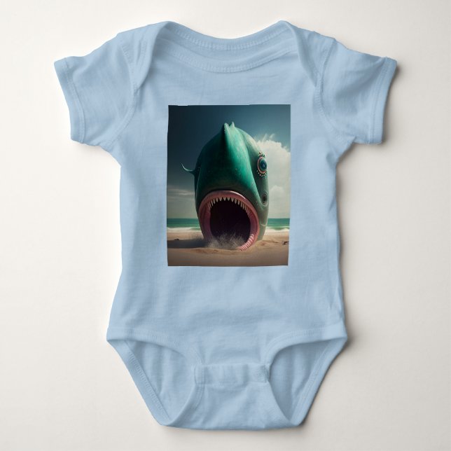 Shark sculpture on the beach baby bodysuit (Front)