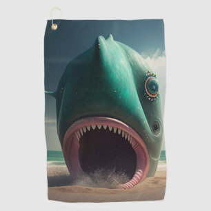 Shark sculpture on the beach golf towel