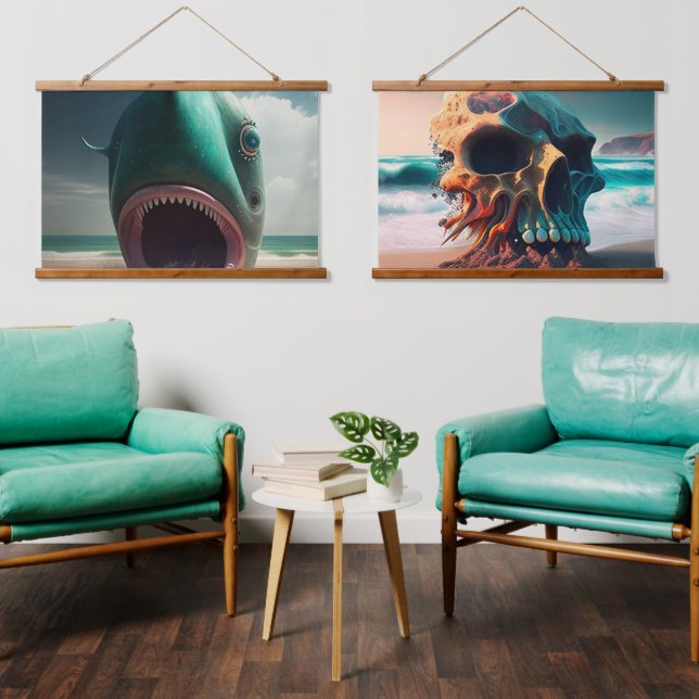 Shark sculpture on the beach hanging tapestry (Living Room)