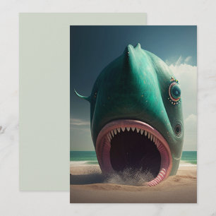 Shark sculpture on the beach holiday card