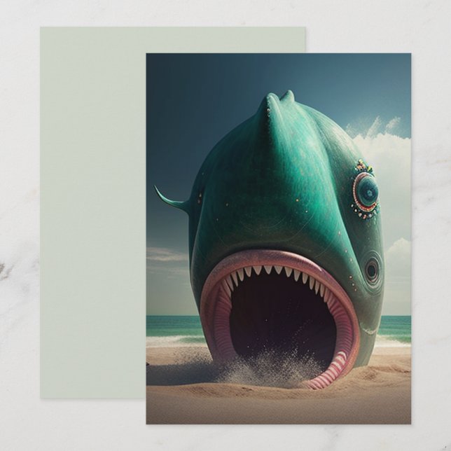 Shark sculpture on the beach holiday card (Front/Back)