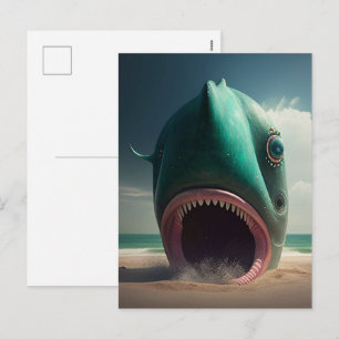Shark sculpture on the beach holiday postcard