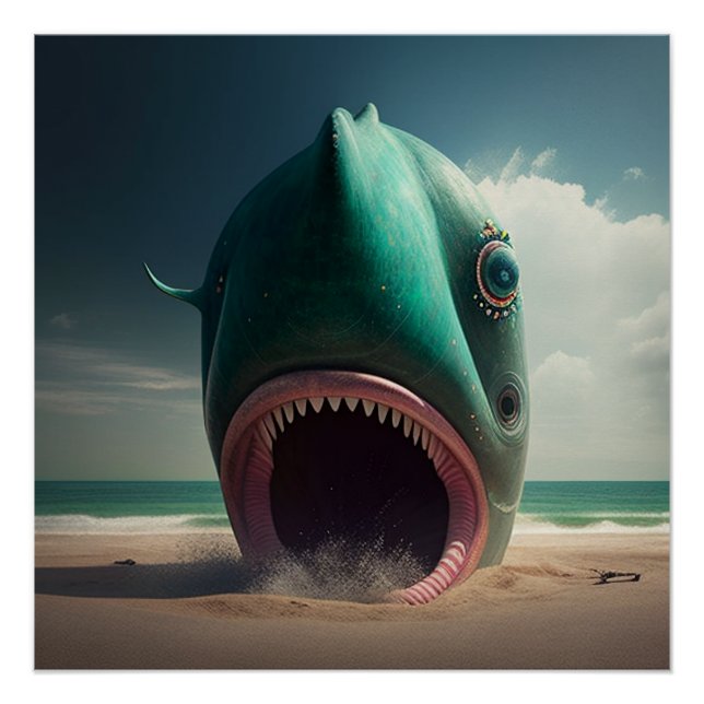 Shark sculpture on the beach poster (Front)