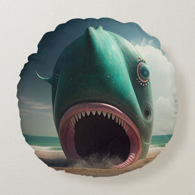 Shark sculpture on the beach round cushion (Front)