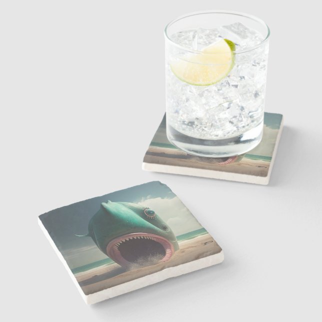 Shark sculpture on the beach stone coaster (Side)