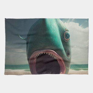 Shark sculpture on the beach tea towel