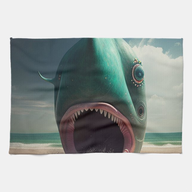 Shark sculpture on the beach tea towel (Horizontal)